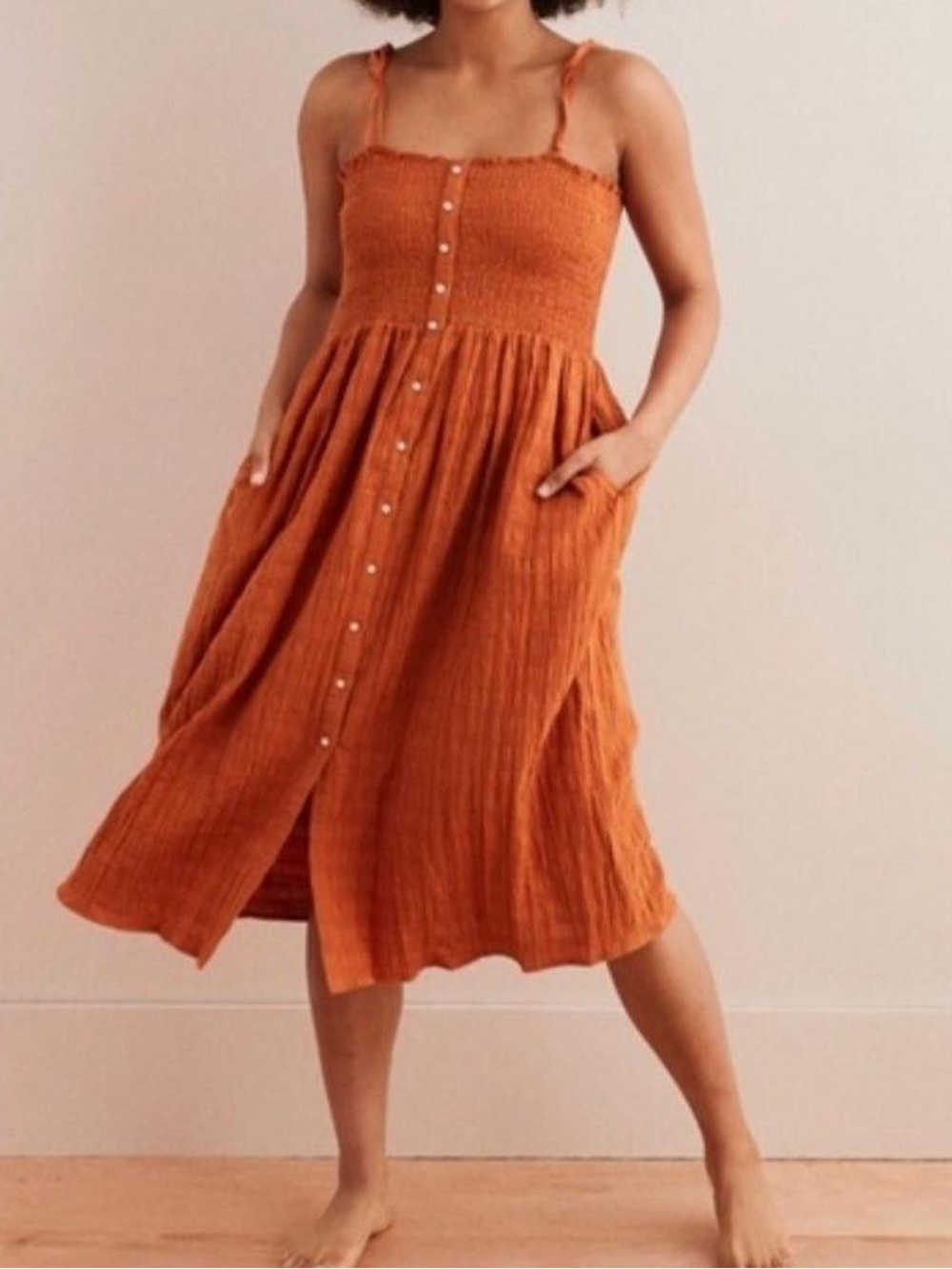 Aerie Smocked Button Front Midi Sundress Rust Orange Size M